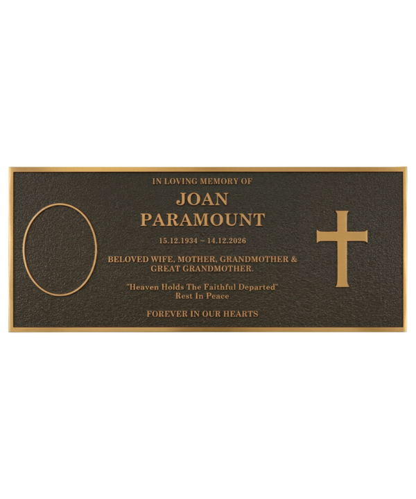 865 × 355 Bronze Memorial Plaque with Photo Insert and Cross